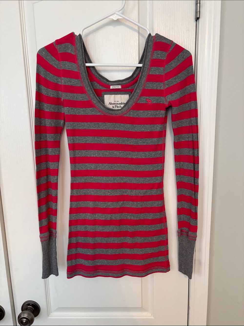 Abercrombie & Fitch Reddish Gray Striped Scoop Neck Long Sleeve Top XS